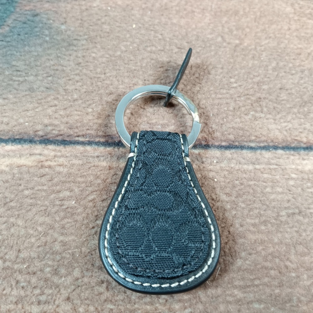 Coach Black Signature Jacquard Leather Teardrop Keychain Fob Silver Ring